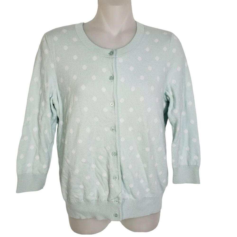 Talbots Petites Womens Cardigan Sweater Sp Small Mint Green Polka Dot Button 3/4